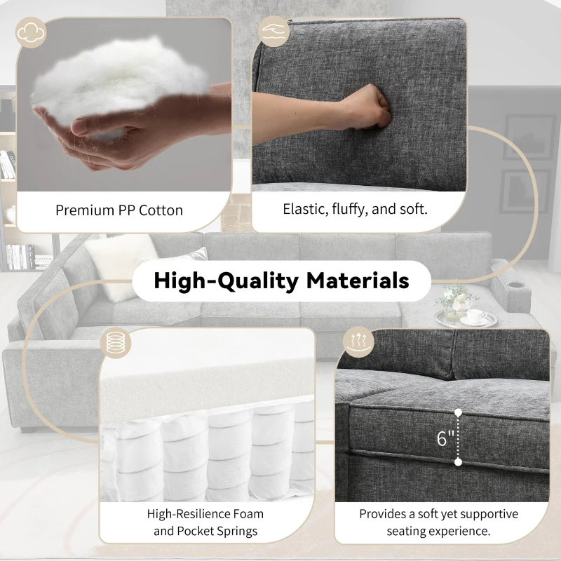 Plush Chenille U-Shaped Sectional Sofa with Cup Holders, Large Deep Seat Couch for Apartment, 117.5'' L x 68'' W x 31'' H, Gray