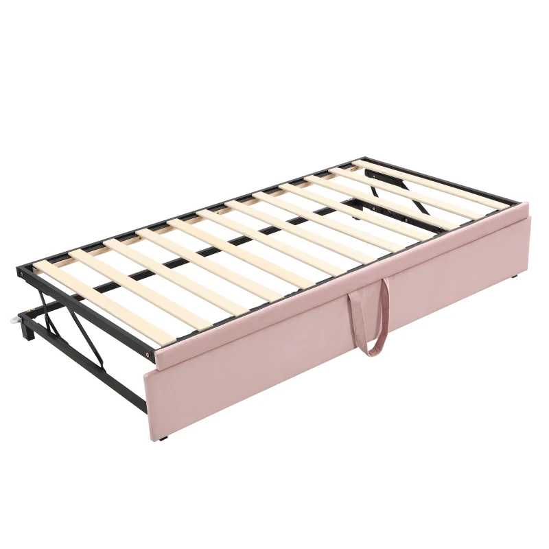 Practical Twin Upholstered Daybed with Pop-Up Trundle, Perfect Sofa Bed for Guest Rooms and Kids Rooms, 82" L x 81.5" W x 33" H, Pink