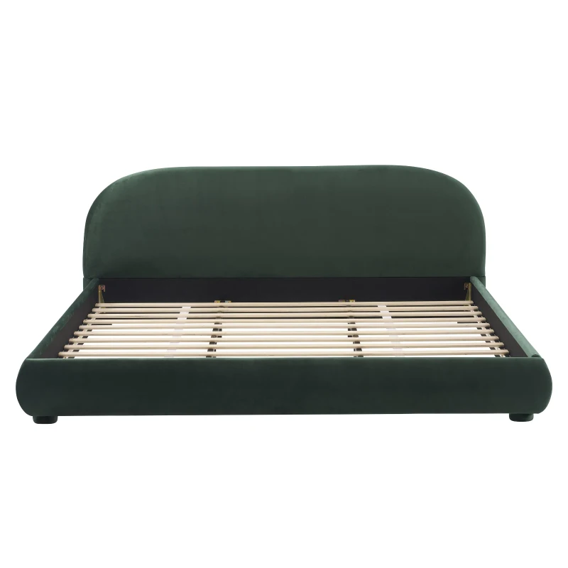 Modern Upholstered King Bed Frame with Curved Headboard, Soft Bouclé Sleeper Bed for Bedroom, 87'' L x 84.5'' W x 33.5'' H, Dark Green