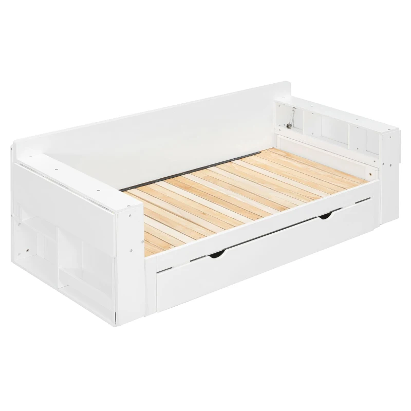Modern Daybed with Removable Desk and Bottom Drawer, Multi-Functional Sofa Bed for Compact Apartments, 82" L x 71.5" W x 25.5" H, White