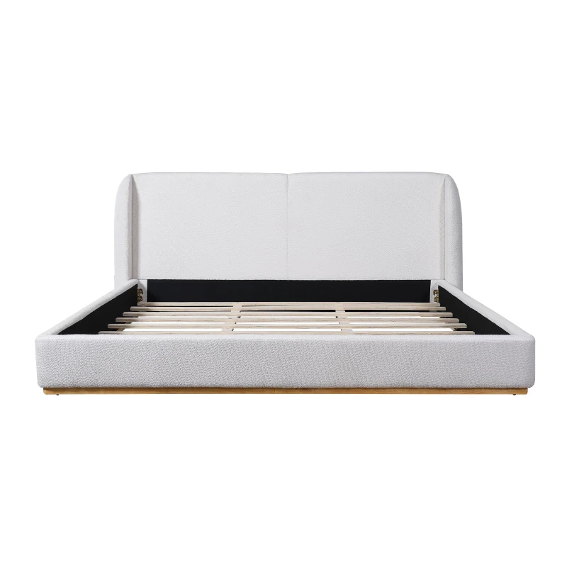 Modern Low-Profile King Bed Frame with Wingback Headboard, Soft Bouclé Sleeper Bed for Bedroom, 86'' L x 87'' W x 36.5'' H, White