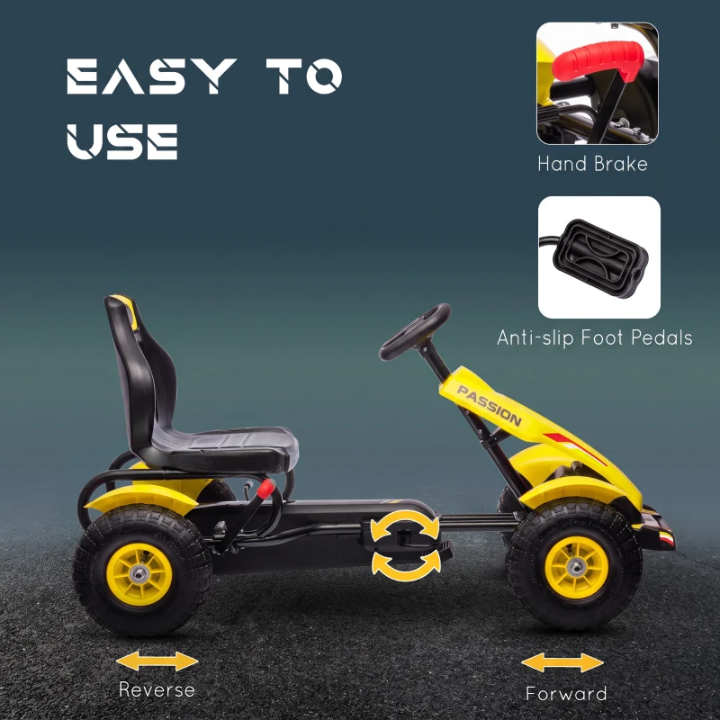 Aosom Kids Pedal Go Kart, Outdoor Ride on Toys with Adjustable Seat, Sharp Handling, Handbrake, 4 Non-Slip Rubber Wheels for Boys & Girls Aged 5-12 Years Old, Yellow