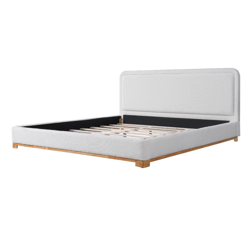 Modern Low-Profile King Bed Frame with Curved Headboard, Soft Bouclé Sleeper Bed for Bedroom, 87'' L x 81.5'' W x 40'' H, White