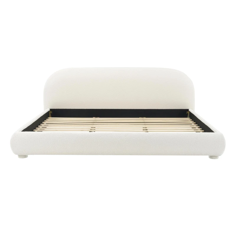 Modern Upholstered King Bed Frame with Curved Headboard, Soft Bouclé Sleeper Bed for Bedroom, 87'' L x 84.5'' W x 33.5'' H, Cream White