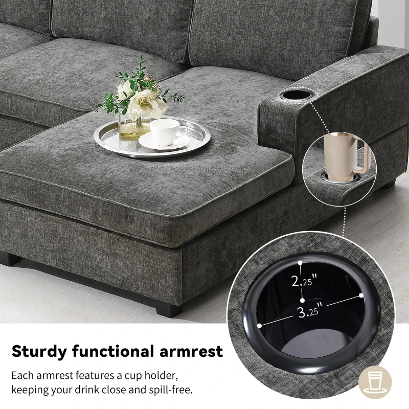 Plush Chenille U-Shaped Sectional Sofa with Cup Holders, Large Deep Seat Couch for Apartment, 117.5'' L x 68'' W x 31'' H, Gray