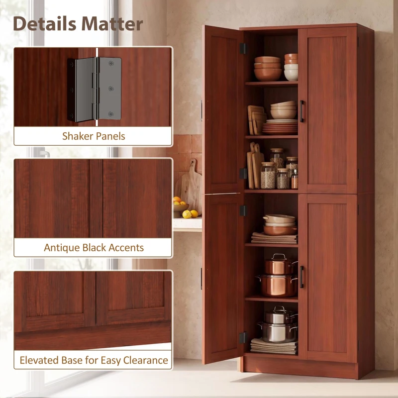 HOMCOM Freestanding Kitchen Pantry, 4-Door Kitchen Pantry Cabinet with Adjustable Shelves and Doors, Dark Brown