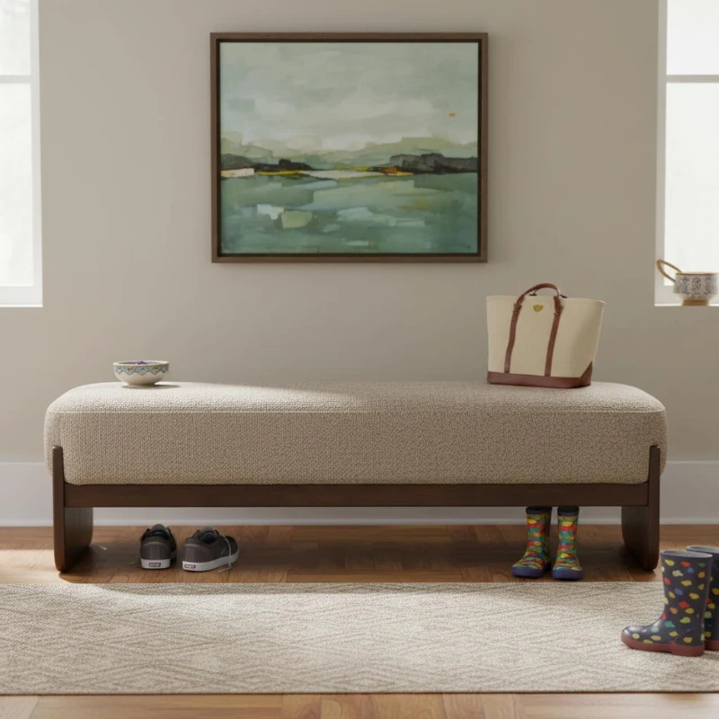 Elegant Bouclé Ottoman Bench with Dark Rubberwood Legs, Soft Rectangular Footrest for Living Room, 64'' L x 18.5'' W x 18.5'' H, Brown
