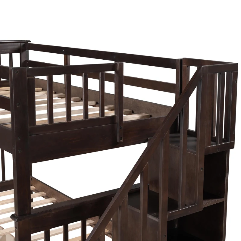 Practical Twin-Over-Twin Bunk Bed with Staircase Storage, Ideal Convertible Bunk Bed for Dorms, Children Bedrooms, 94" L x 42.5" W x 62" H, Espresso