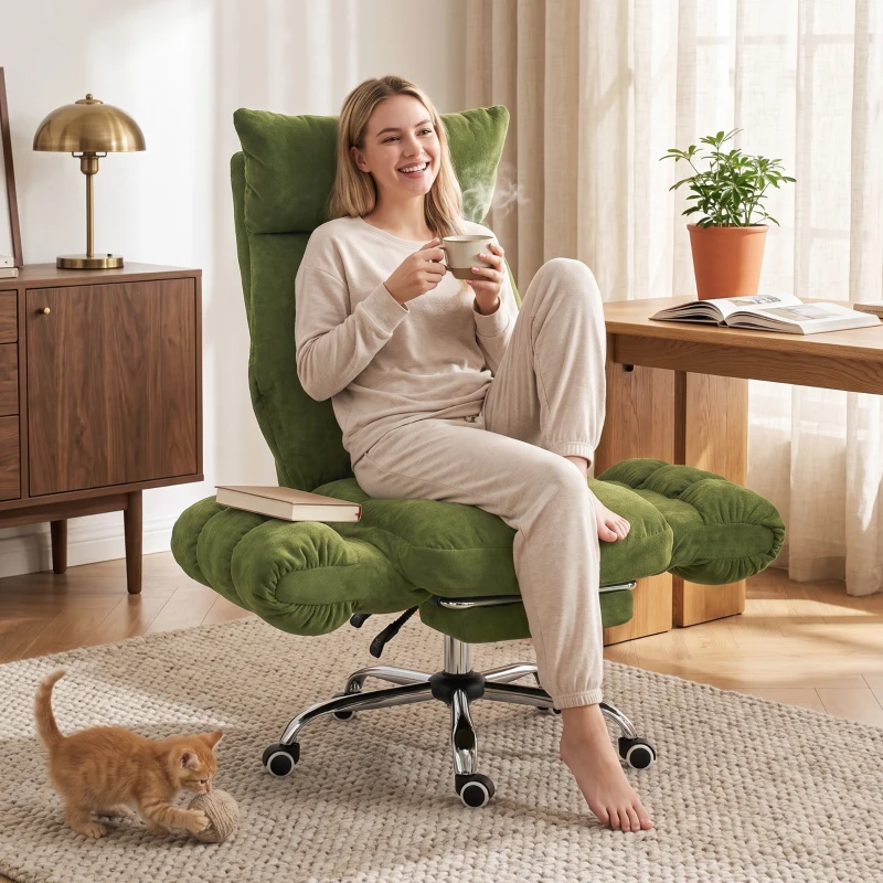 HOMCOM Criss Cross Office Chair with Flip-Up Armrests, Wide Seat, Reclining Cross Legged Desk Chair with Footrest, Green
