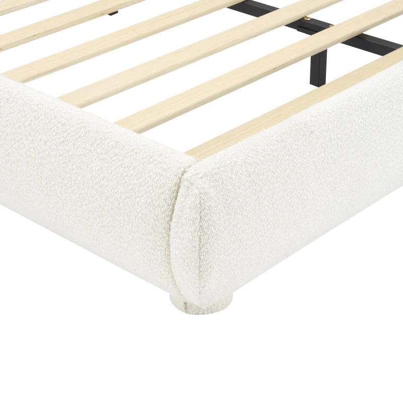 Modern Upholstered Queen Bed Frame with Curved Headboard, Soft Bouclé Platform Bed for Bedroom, 87'' L x 68.5'' W x 33.5'' H, Creamy White