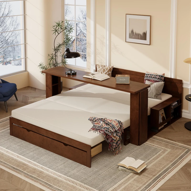 Modern Daybed with Removable Desk and Bottom Drawer, Multi-Functional Sofa Bed for Compact Apartments, 82" L x 71.5" W x 25.5" H, Espresso