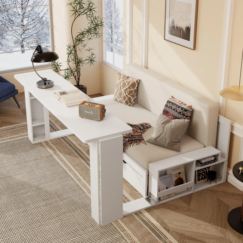 Modern Daybed with Removable Desk and Bottom Drawer, Multi-Functional Sofa Bed for Compact Apartments, 82" L x 71.5" W x 25.5" H, White