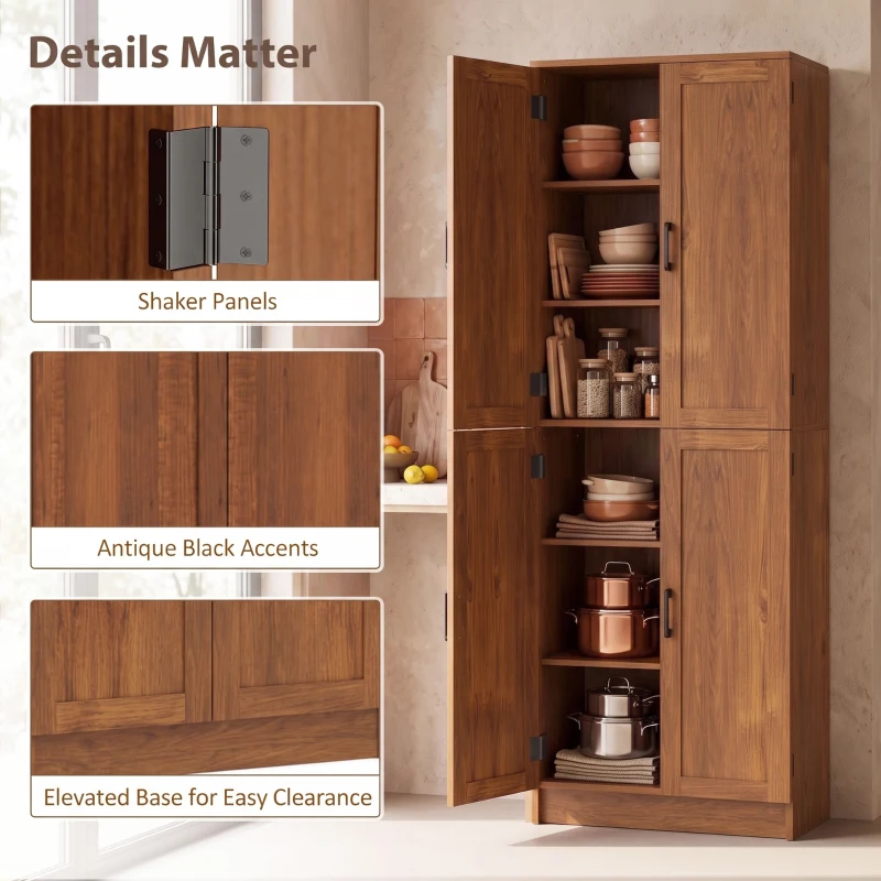 HOMCOM Freestanding Kitchen Pantry, 4-Door Kitchen Pantry Cabinet with Adjustable Shelves and Doors, Teak