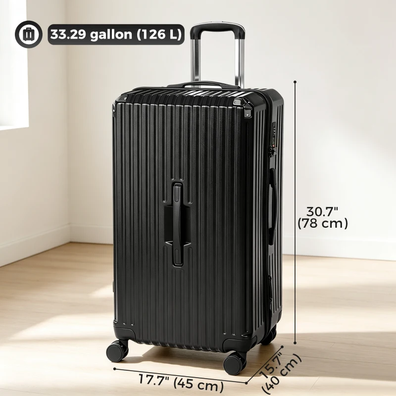 HOMCOM 28-Inch Checked Luggage, Hardside Suitcase with Cup Holder, Corner Protection, Double Spinner Wheels, TSA Lock, Black