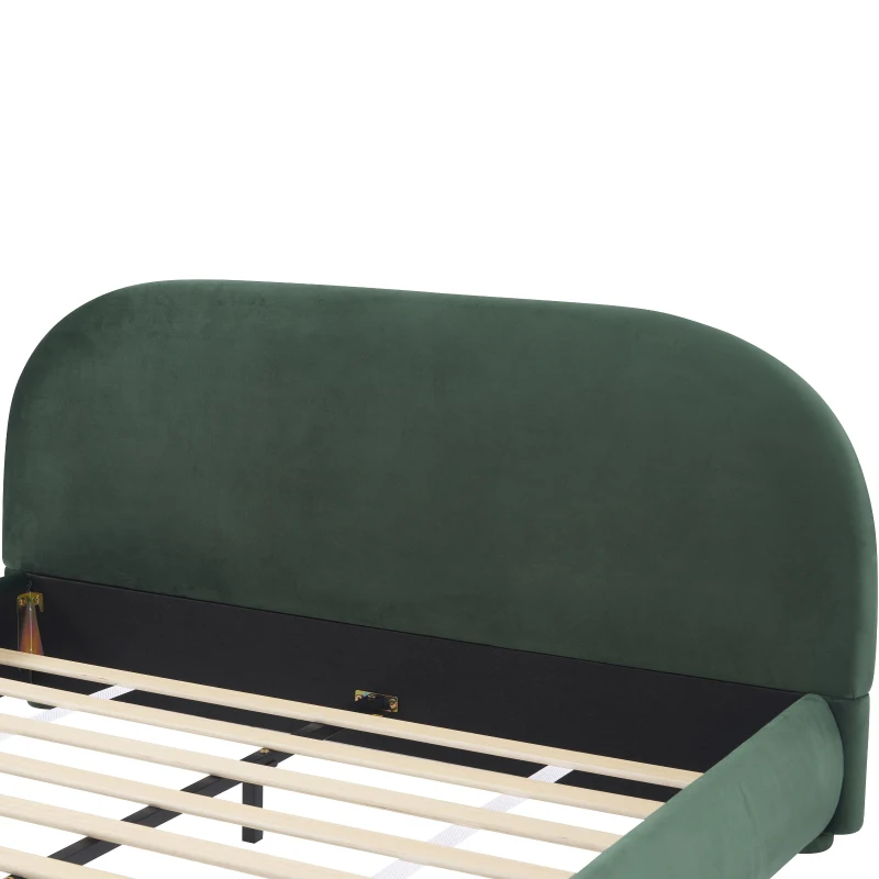 Luxury Upholstered Queen Bed Frame with Curved Headboard, Soft Velvet Sleeper Bed for Bedroom, 87'' L x 68.5'' W x 33.5'' H, Dark Green