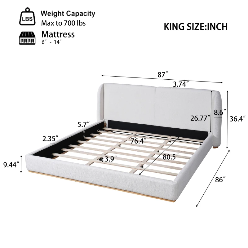 Modern Low-Profile King Bed Frame with Wingback Headboard, Soft Bouclé Sleeper Bed for Bedroom, 86'' L x 87'' W x 36.5'' H, White