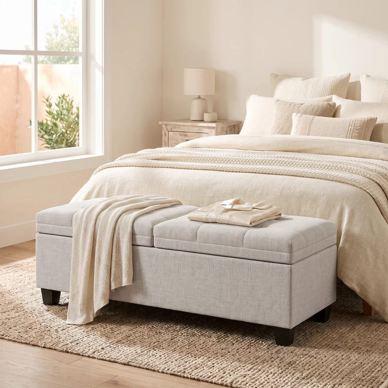 HOMCOM 51.2" Storage Ottoman Bench, End of Bed Bench with 2 Compartments, Dual Lift Lids, Cream White