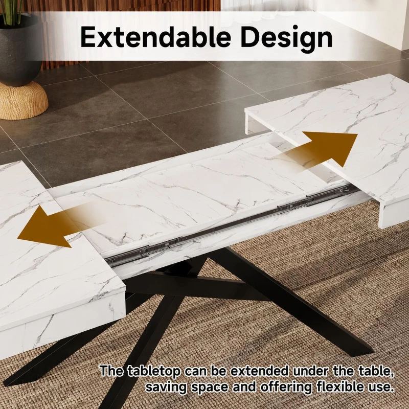 Modern Extendable Dining Table with Metal Cross Legs, Expandable Kitchen Table for Kitchen, 71'' L x 31.5'' W x 30'' H, White