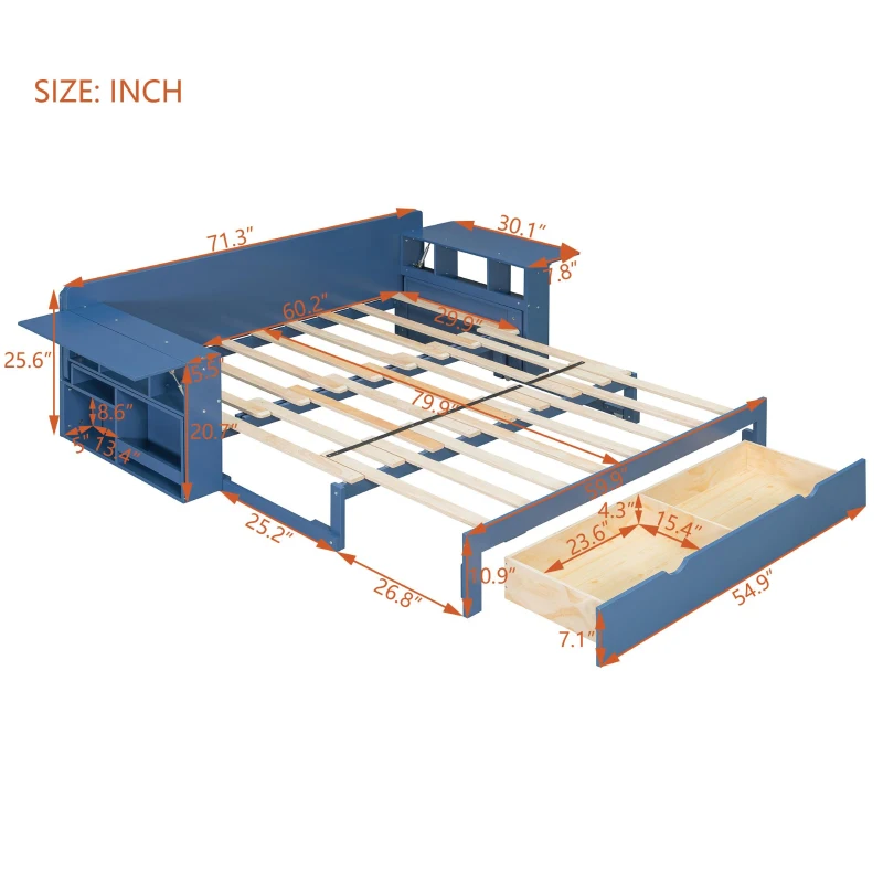 Modern Daybed with Removable Desk and Bottom Drawer, Multi-Functional Sofa Bed for Compact Apartments, 82" L x 71.5" W x 25.5" H, Blue