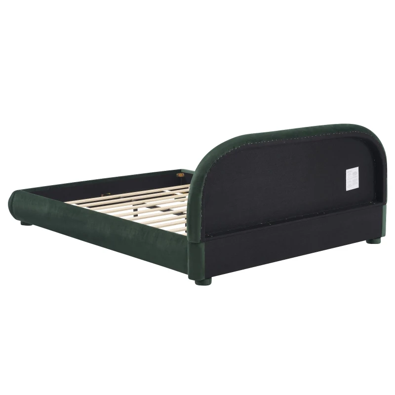 Luxury Upholstered Queen Bed Frame with Curved Headboard, Soft Velvet Sleeper Bed for Bedroom, 87'' L x 68.5'' W x 33.5'' H, Dark Green