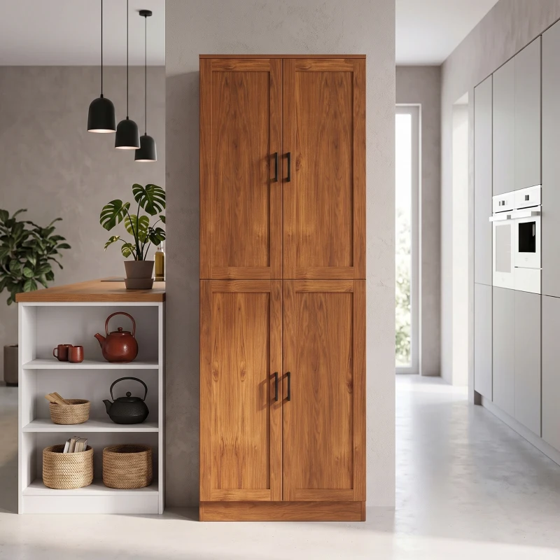 HOMCOM Freestanding Kitchen Pantry, 4-Door Kitchen Pantry Cabinet with Adjustable Shelves and Doors, Teak
