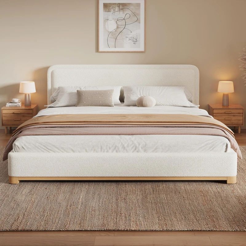 Modern Low-Profile King Bed Frame with Curved Headboard, Soft Bouclé Sleeper Bed for Bedroom, 87'' L x 81.5'' W x 40'' H, White