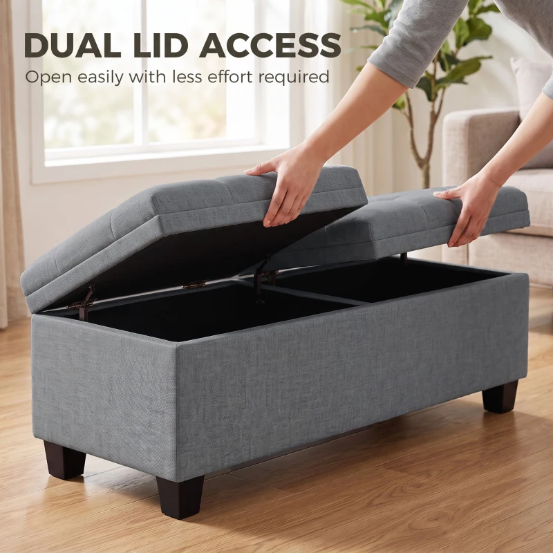 HOMCOM 51.2" Storage Ottoman Bench, End of Bed Bench with 2 Compartments, Dual Lift Lids, Dark Grey