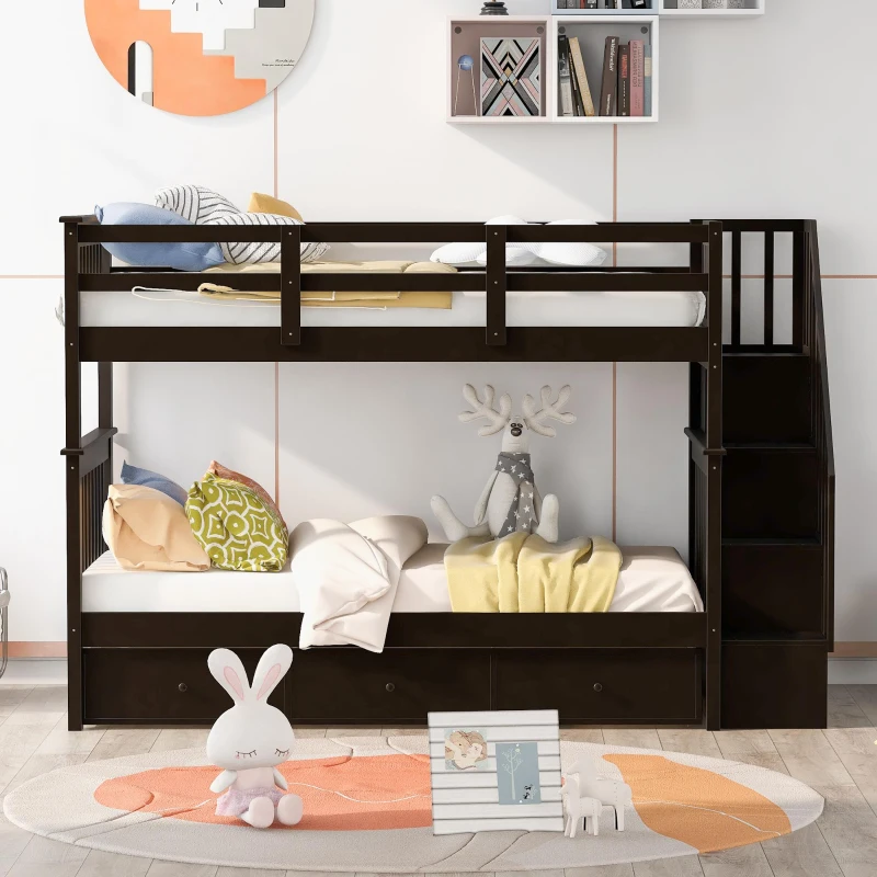 Practical Twin-Over-Twin Bunk Bed with Staircase Storage, Ideal Convertible Bunk Bed for Dorms, Children Bedrooms, 94" L x 42.5" W x 62" H, Espresso