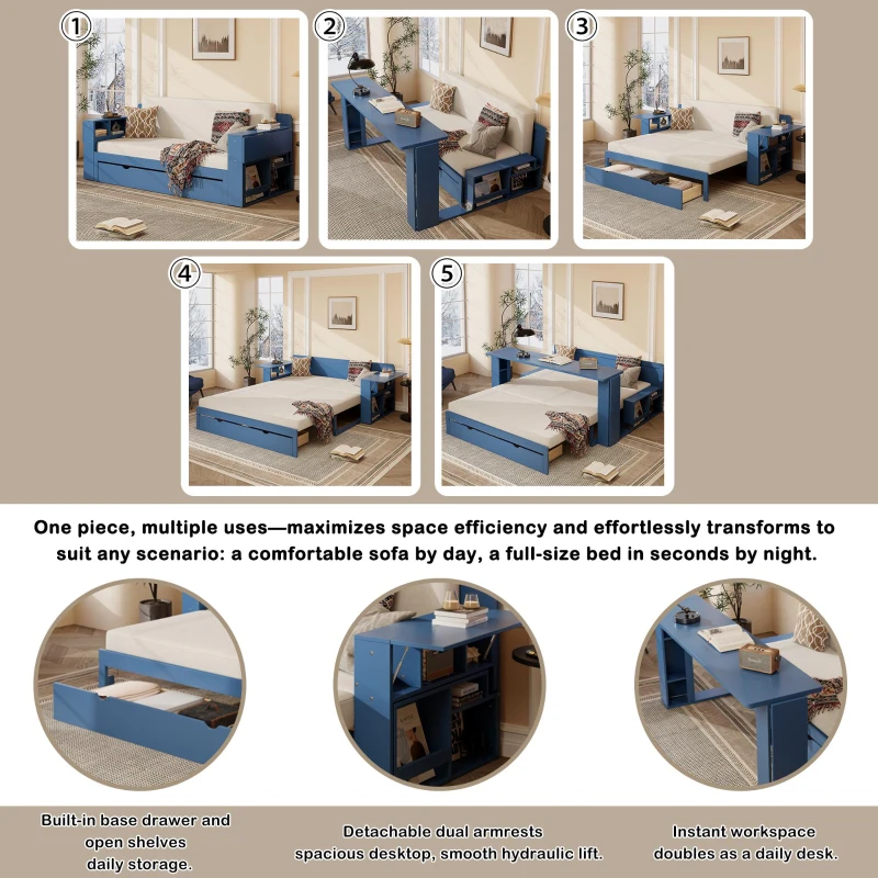 Modern Daybed with Removable Desk and Bottom Drawer, Multi-Functional Sofa Bed for Compact Apartments, 82" L x 71.5" W x 25.5" H, Blue