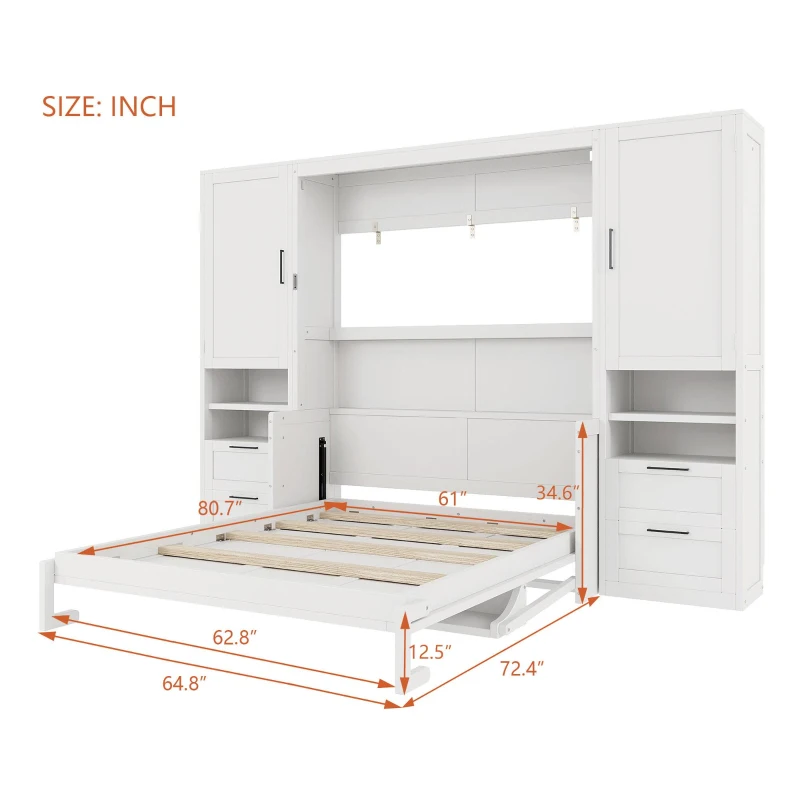 Functional Queen Murphy Bed with Side-Flip Space-Saving Design, Modern Wall Bed for Compact Bedrooms, 113.5" L x 16.5" W x 87" H, White
