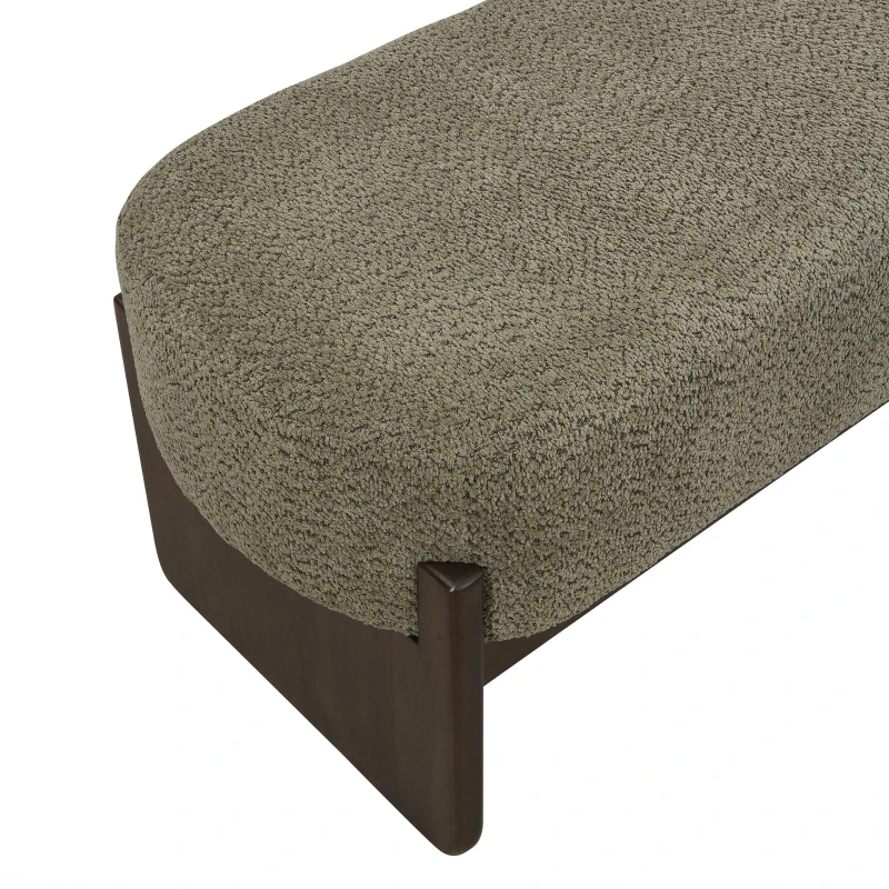 Elegant Bouclé Ottoman Bench with Dark Rubberwood Legs, Soft Rectangular Footrest for Living Room, 64'' L x 18.5'' W x 18.5'' H, Brown+Dark Green