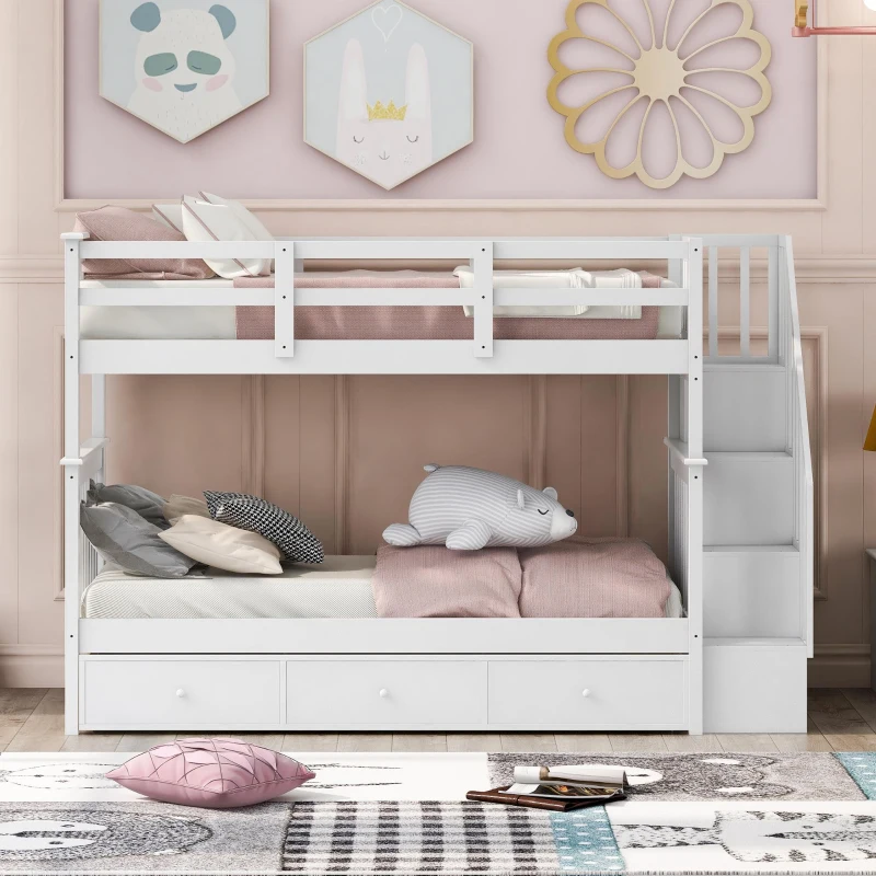 Practical Twin-Over-Twin Bunk Bed with Staircase Storage, Ideal Convertible Bunk Bed for Dorms, Children Bedrooms, 94" L x 42.5" W x 62" H, White