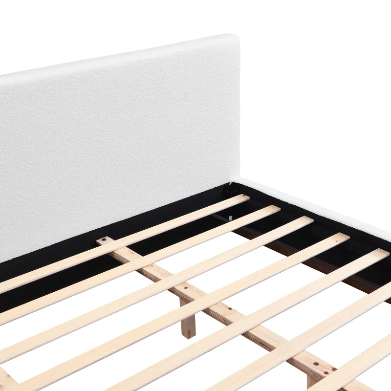 Elegant Upholstered Queen Bed Frame with Wooden Slats, Soft Teddy Fleece Platform Bed for Bedroom, 86.5'' L x 64.5'' W x 33.5'' H, Brown+White