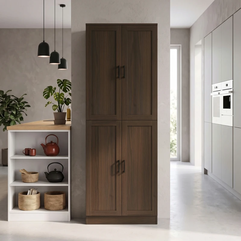 HOMCOM Freestanding Kitchen Pantry, 4-Door Kitchen Pantry Cabinet with Adjustable Shelves and Doors, Brown