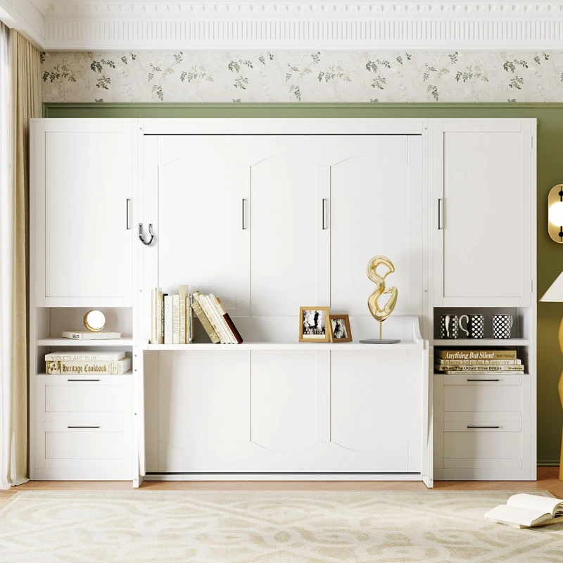 Functional Queen Murphy Bed with Side-Flip Space-Saving Design, Modern Wall Bed for Compact Bedrooms, 113.5" L x 16.5" W x 87" H, White