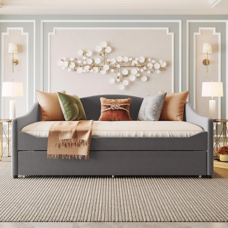 Cozy Full Size Upholstered Daybed with Twin Trundle, Ideal Sofa Bed for Overnight Guests, 79.5" L x 58.5" W x 33" H, Gray