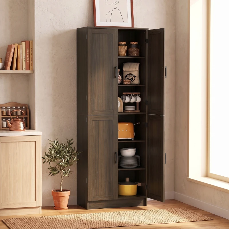 HOMCOM Freestanding Kitchen Pantry, 4-Door Kitchen Pantry Cabinet with Adjustable Shelves and Doors, Brown