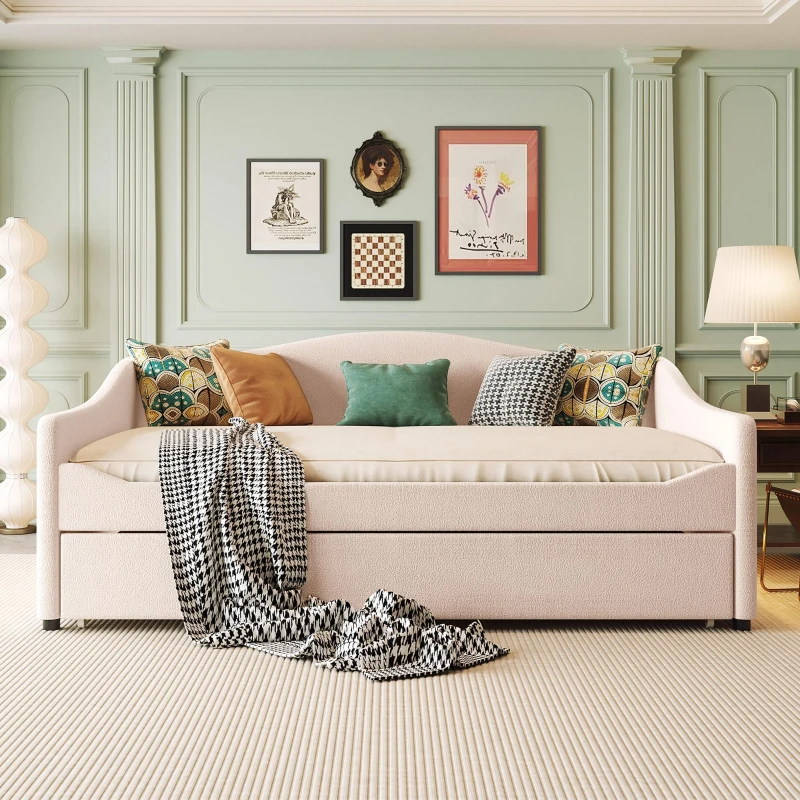 Cozy Full Size Upholstered Daybed with Twin Trundle, Ideal Sofa Bed for Overnight Guests, 79.5" L x 58.5" W x 33" H, Beige