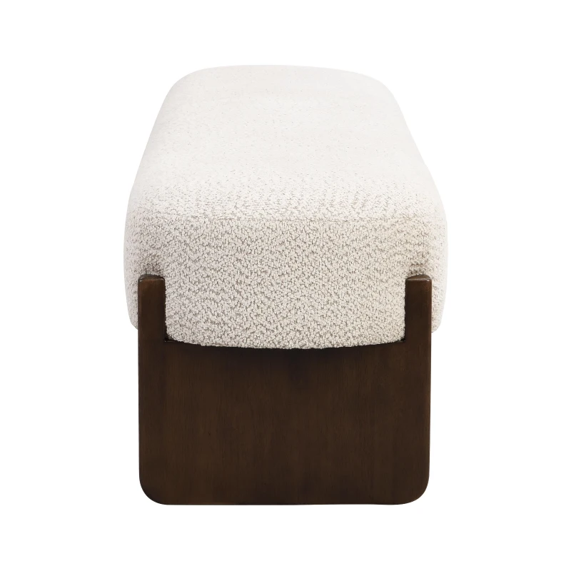 Elegant Bouclé Ottoman Bench with Dark Rubberwood Legs, Soft Rectangular Footrest for Living Room, 64'' L x 18.5'' W x 18.5'' H, Beige+Brown