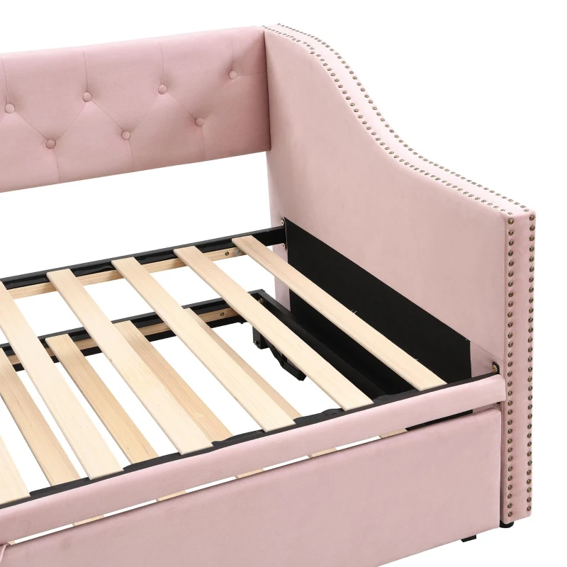 Practical Twin Upholstered Daybed with Pop-Up Trundle, Perfect Sofa Bed for Guest Rooms and Kids Rooms, 82" L x 81.5" W x 33" H, Pink