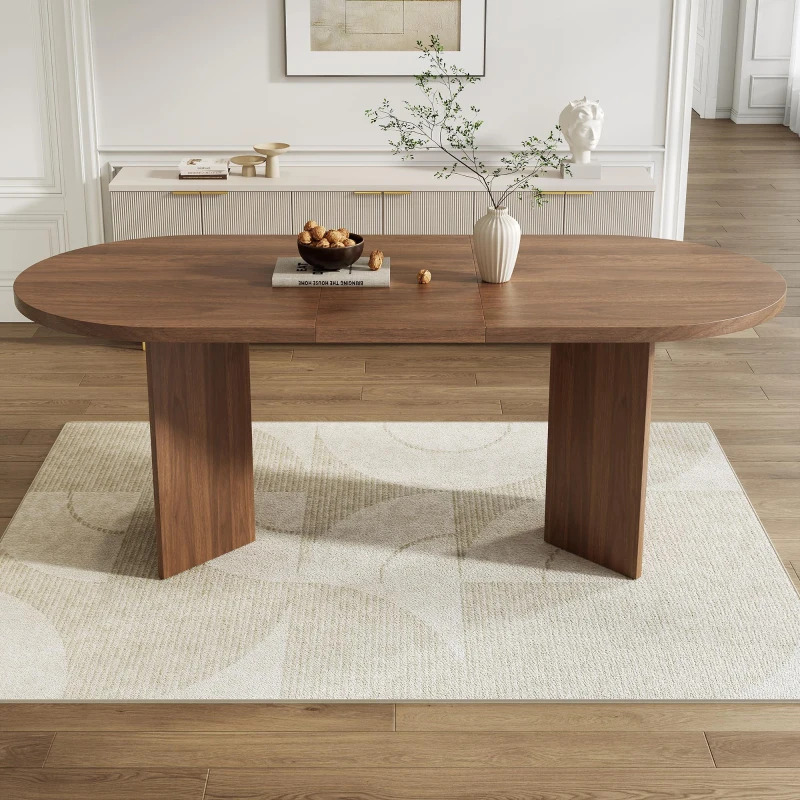 Modern Large Oval Dining Table with Double Pedestal Base, Wood Grain Kitchen Table for Kitchen, 79'' L x 35.5'' W x 29.5'' H, Walnut