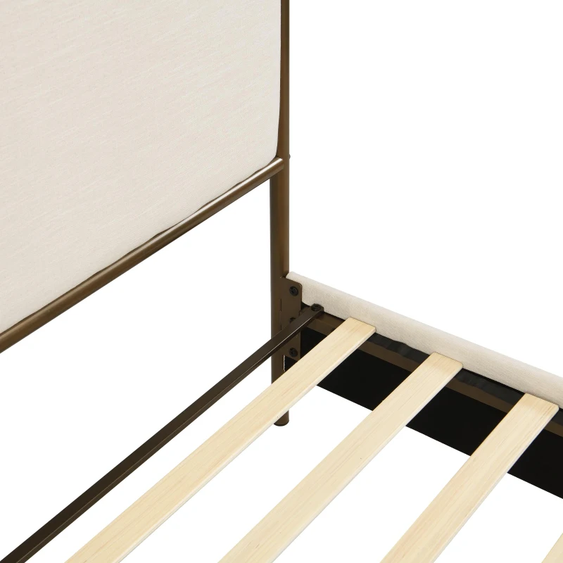 Modern 4-Poster Canopy Bed Frame with Upholstered Headboard, Steel Metal Sleeper Bed for Bedroom, 83.5'' L x 63'' W x 78.5'' H, Beige+Bronze