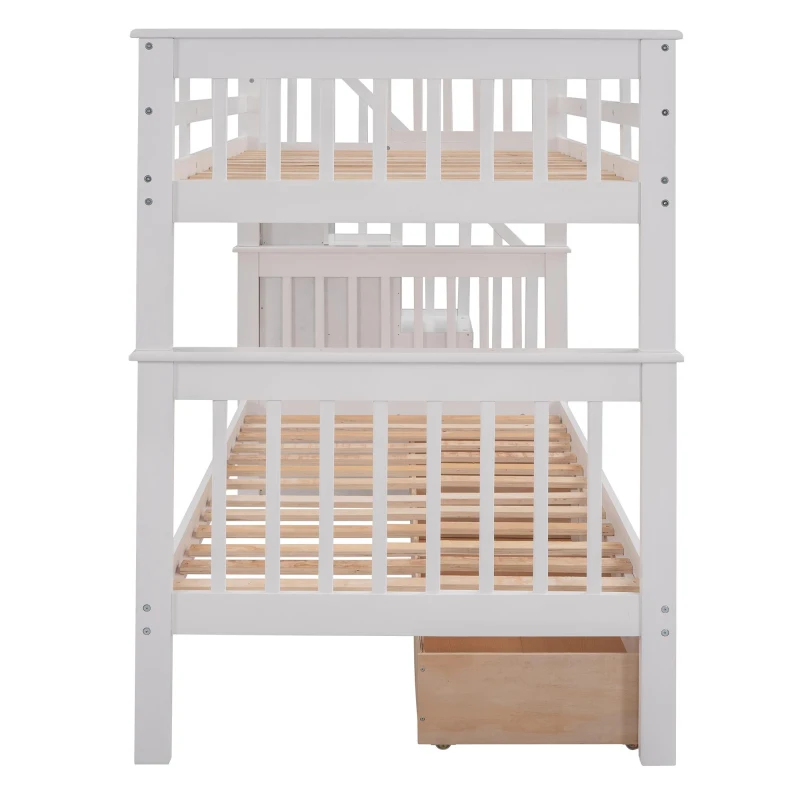 Practical Twin-Over-Twin Bunk Bed with Staircase Storage, Ideal Convertible Bunk Bed for Dorms, Children Bedrooms, 94" L x 42.5" W x 62" H, White
