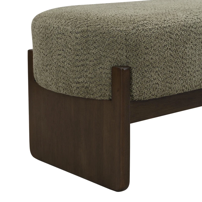 Elegant Bouclé Ottoman Bench with Dark Rubberwood Legs, Soft Rectangular Footrest for Living Room, 64'' L x 18.5'' W x 18.5'' H, Brown+Dark Green