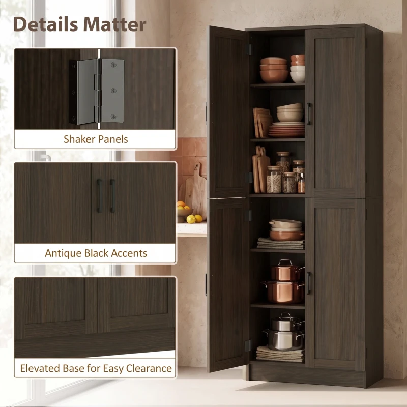 HOMCOM Freestanding Kitchen Pantry, 4-Door Kitchen Pantry Cabinet with Adjustable Shelves and Doors, Brown