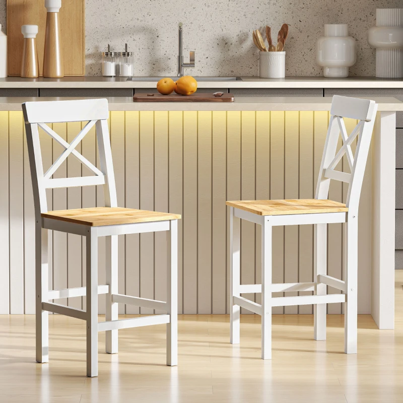 HOMCOM Counter Height Stools Set of 2, Farmhouse Bar Stools with Backs, Solid Wood Counter Stools for Kitchen Island