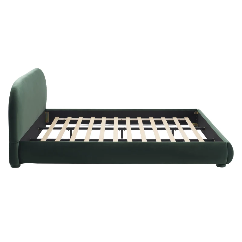 Modern Upholstered King Bed Frame with Curved Headboard, Soft Bouclé Sleeper Bed for Bedroom, 87'' L x 84.5'' W x 33.5'' H, Dark Green