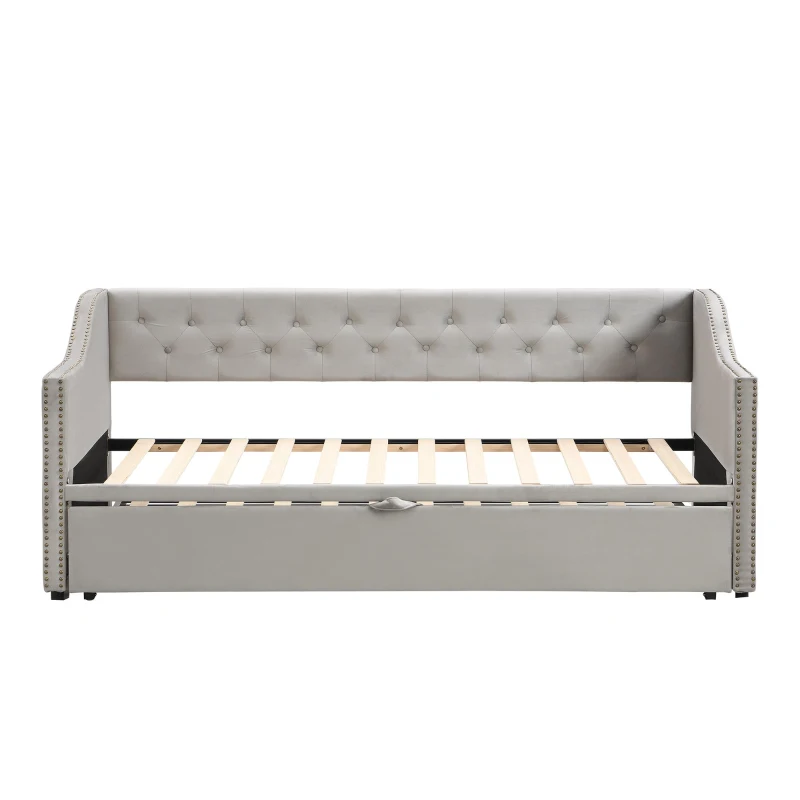 Practical Twin Upholstered Daybed with Pop-Up Trundle, Perfect Sofa Bed for Guest Rooms and Kids Rooms, 82" L x 81.5" W x 33" H, Gray