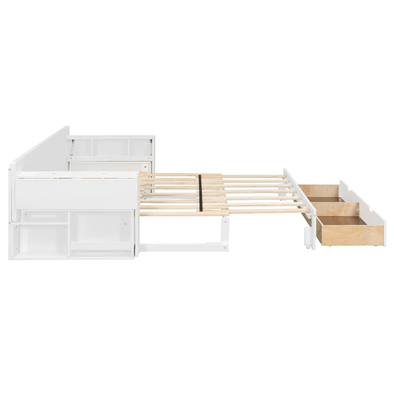 Modern Daybed with Removable Desk and Bottom Drawer, Multi-Functional Sofa Bed for Compact Apartments, 76.5" L x 65.5" W x 25.5" H, White