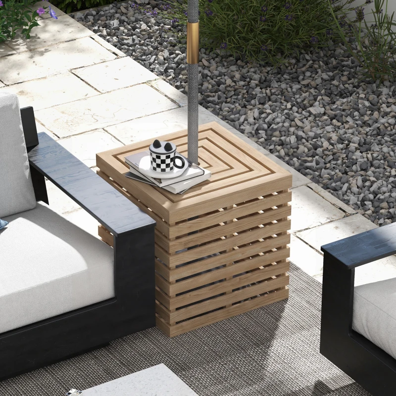 Outsunny 2-in-1 Outdoor Umbrella Base Storage Box, Wooden Patio Coffee Table, Brown